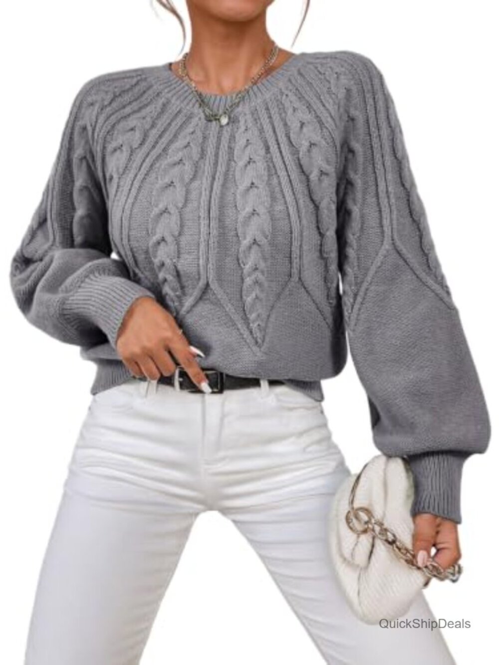 Womens Cable Knit Chunky Sweater Long Sleeve Crew Neck Pullover